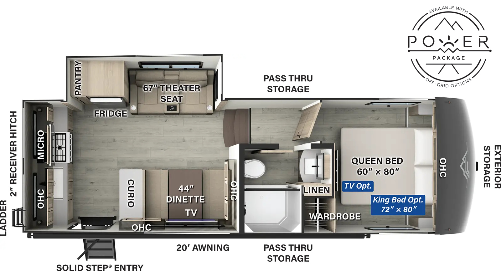 The Flagstaff Classic Fifth Wheels F282RK has one entry and one slide out. Exterior features include: fiberglass exterior and 20' awning. Interiors features include: rear kitchen and front bedroom.